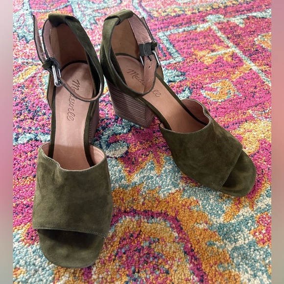 Madewell | Women’s green suede Alena stacked heel open toe ankle strap shoe sz 7 - Picture 3 of 14